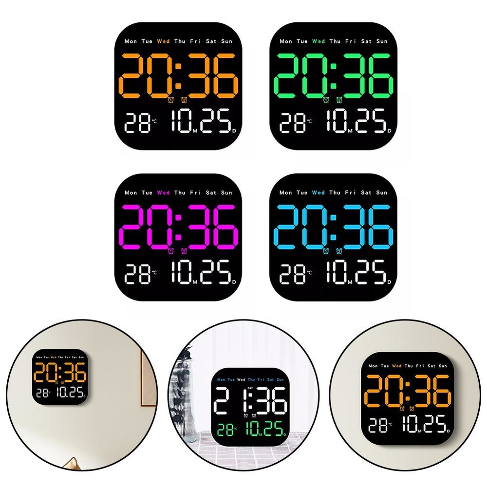Large digital wall clock with temperature date week display auto brightness