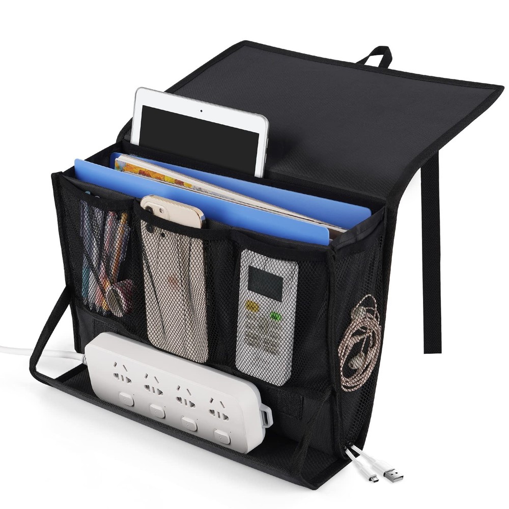 Black Bedside Storage Organizer, Power Strip Holder, Adjustable Straps, Bag