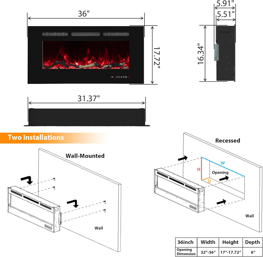 36" Electric Fireplace - Wall Mounted, 13 Flame Colors, Adjustable Temp & Timer