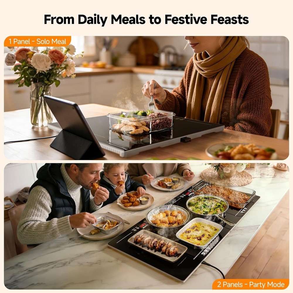 FEPPO Electric Warming Tray with Independent Temp & Timer Control, 2-in-1 Modula