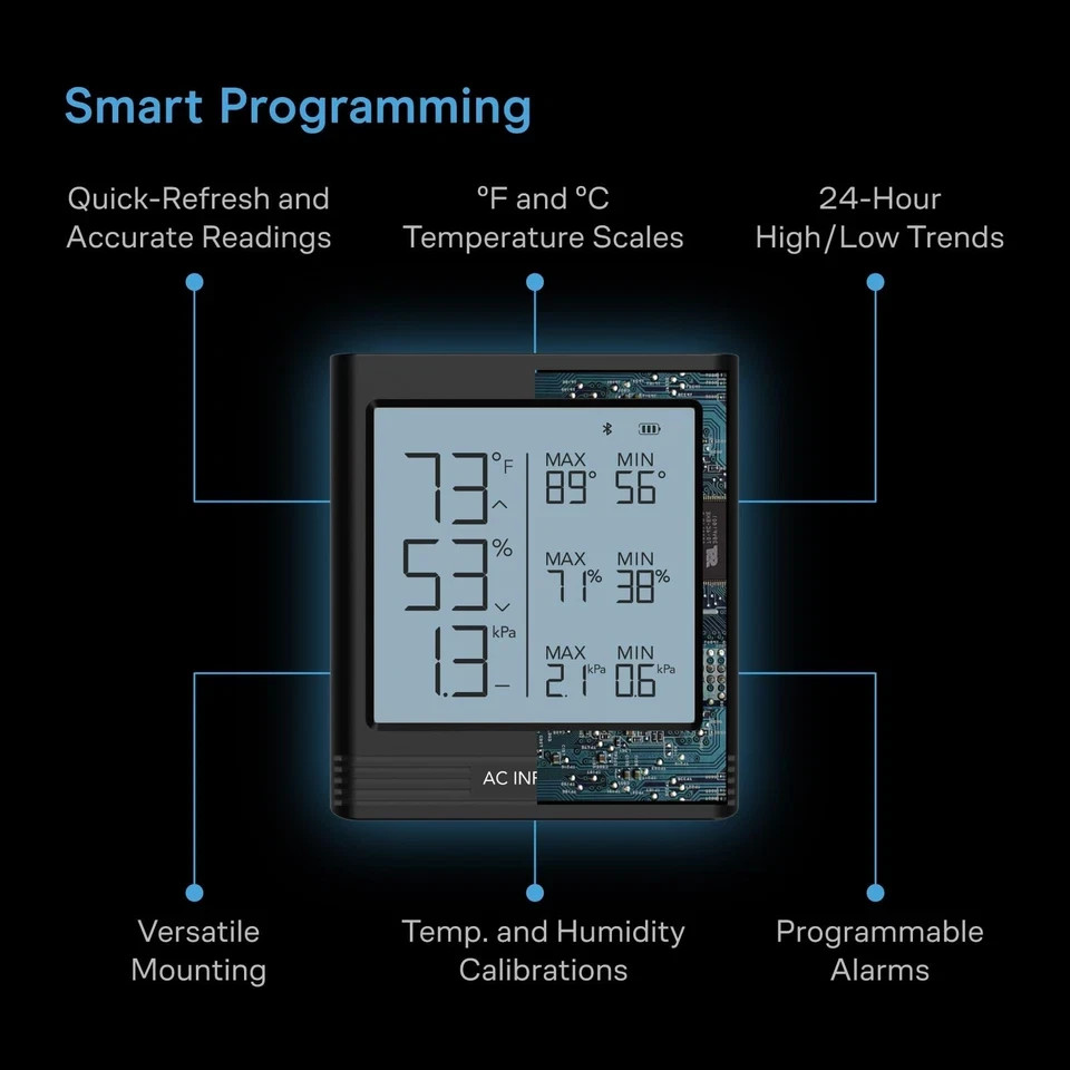 AC Infinity Temperature Humidity VPD Smart Hygrometer B2 with LCD Black