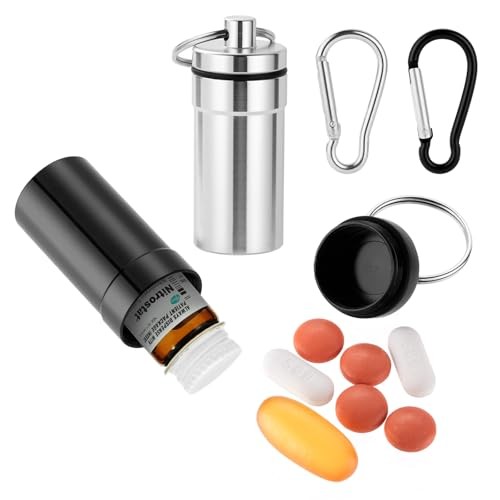 Keychain Pill Holder for Nitroglycerin, 2 Pack Mini Waterproof Black + Silver