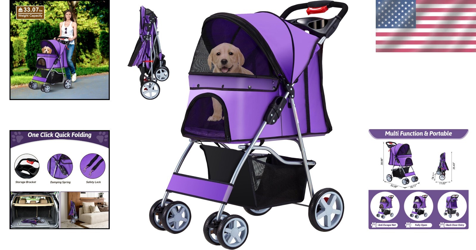 Comfortable All-Season Pet Stroller - 4 Wheels, Breathable Mesh, Easy to Clean