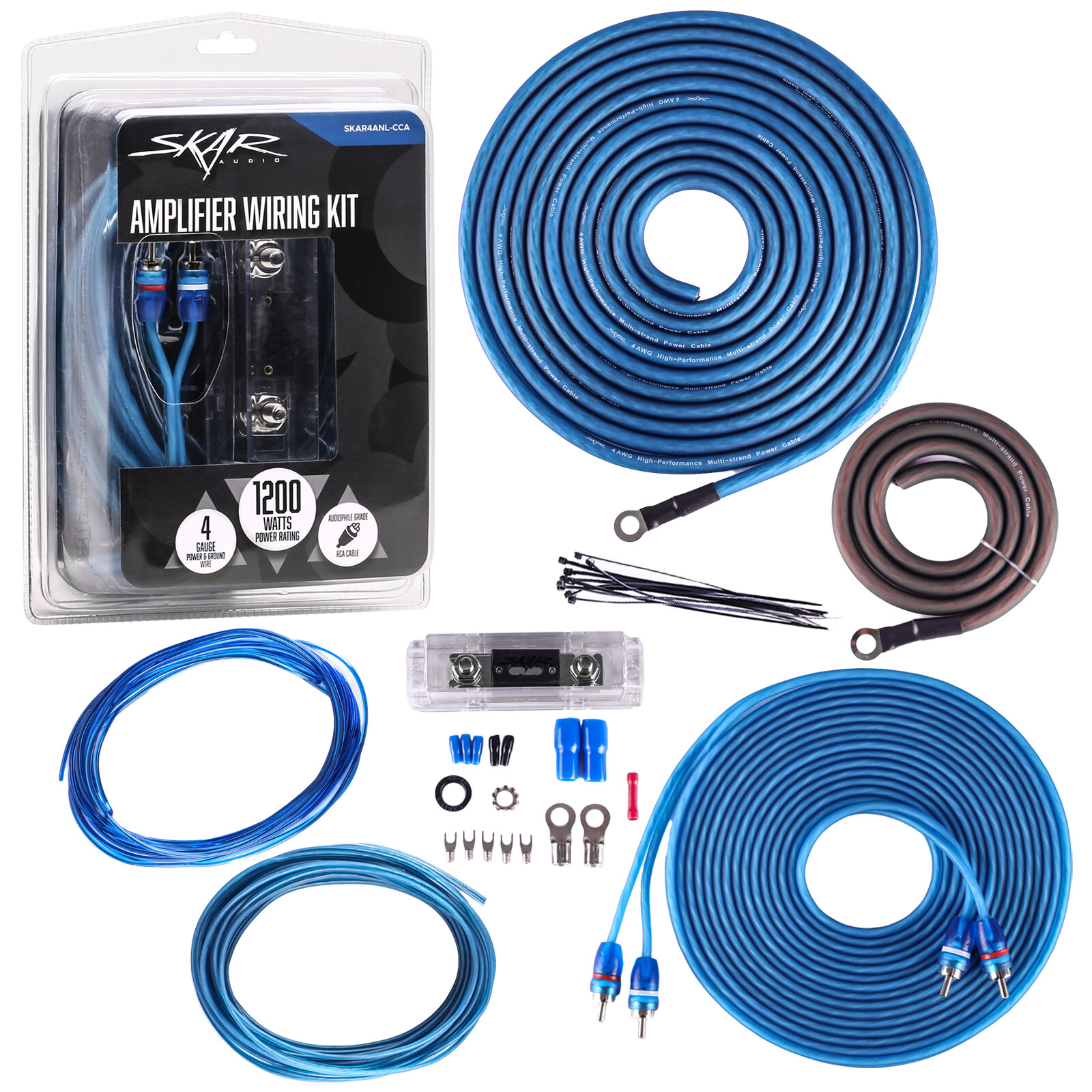 NEW SKAR AUDIO 4 GAUGE 1,200 WATT CCA AMPLIFIER WIRING KIT W RCA (SKAR4ANL-CCA)