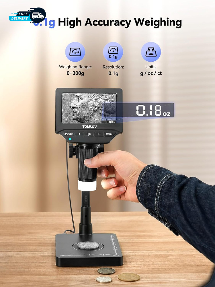 DM4W Microscope with Weighing Scale: 4.3" Digital Coin Microscope with Screen