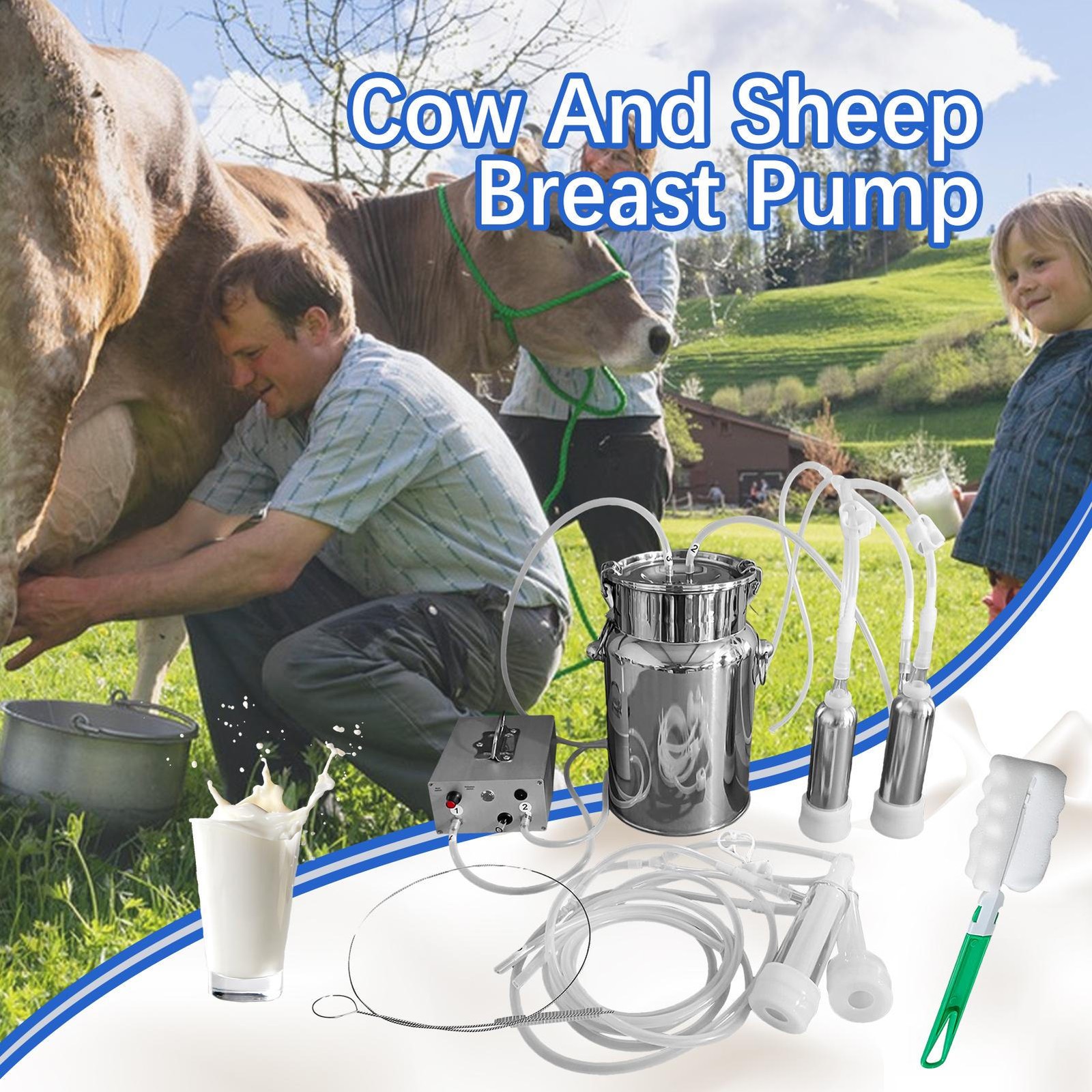 7L Electric Milking Machine Vacuum Impulse Pump Goat/Cow Milker Stainless Steel-