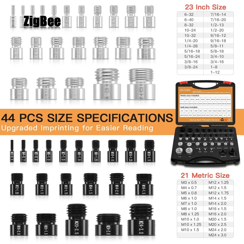 44pcs Nut and Bolt Thread Checker Inch & Metric Sizes Portable Bolt