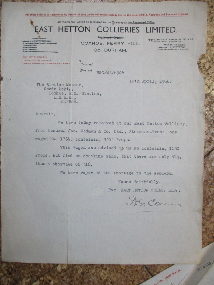 1946  East Hetton Colliery letter