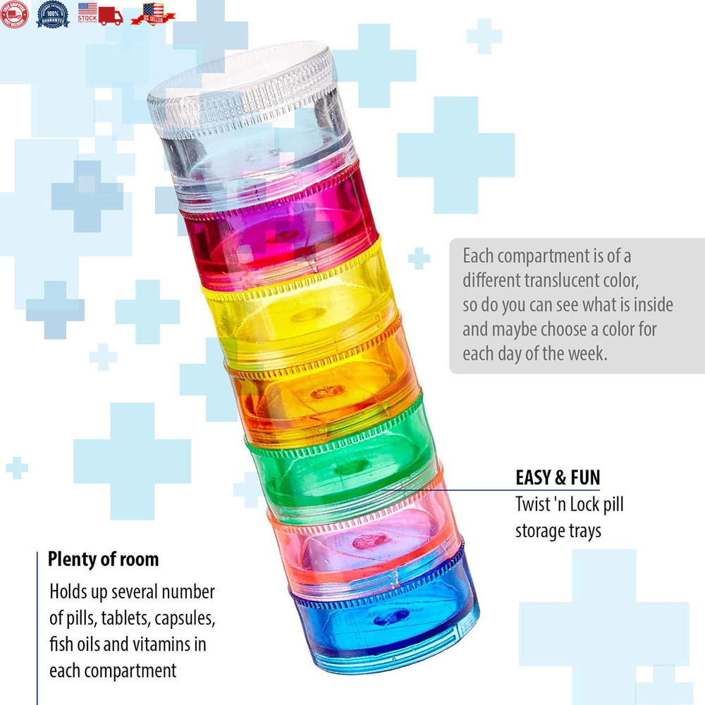 2 Pack Rainbow 7 Day Stackable Pill Organizer Case Tower Box Medicine Planner