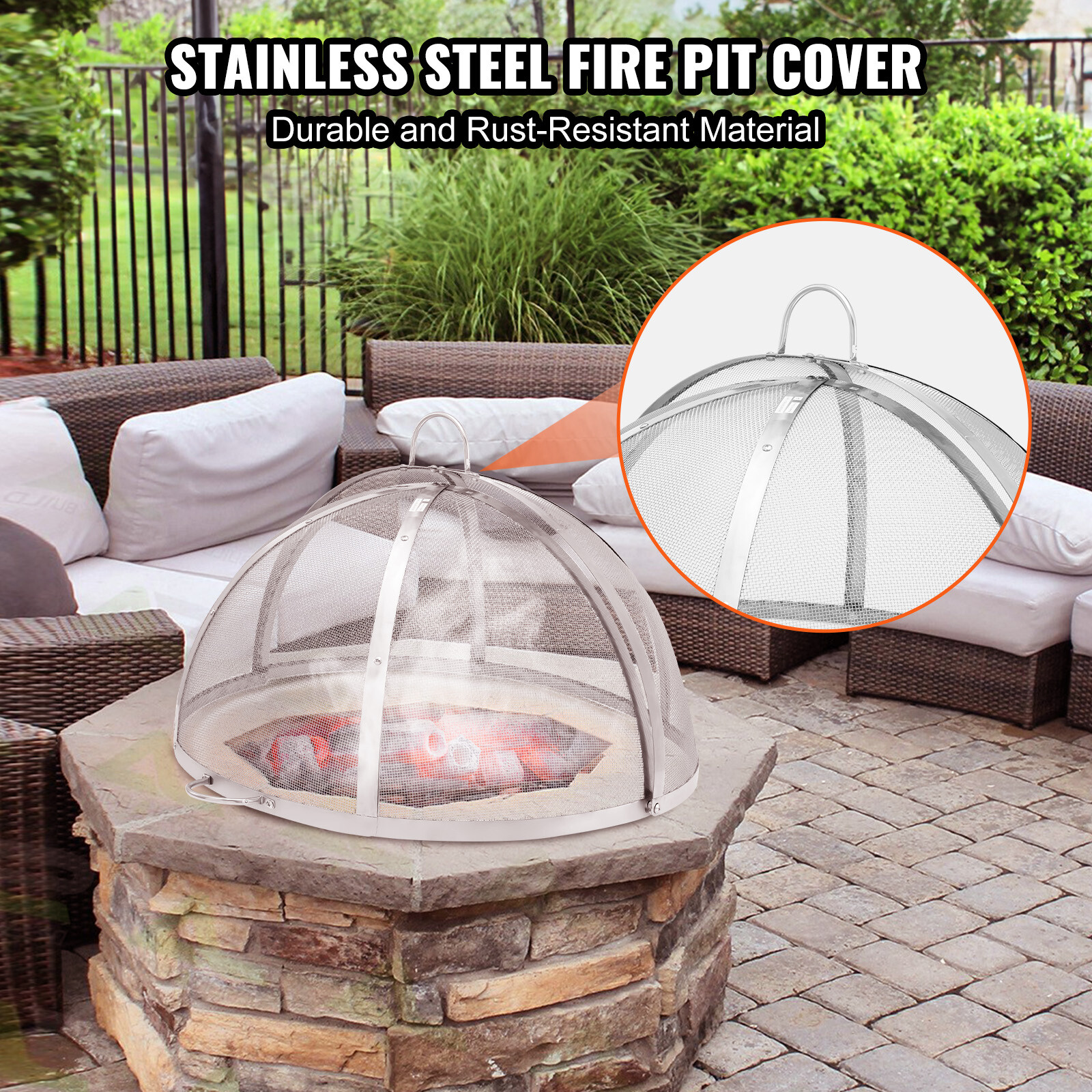 VEVOR 40" Fire Pit Round Wood Burning Spark Screen Cover Lid Stainless Steel