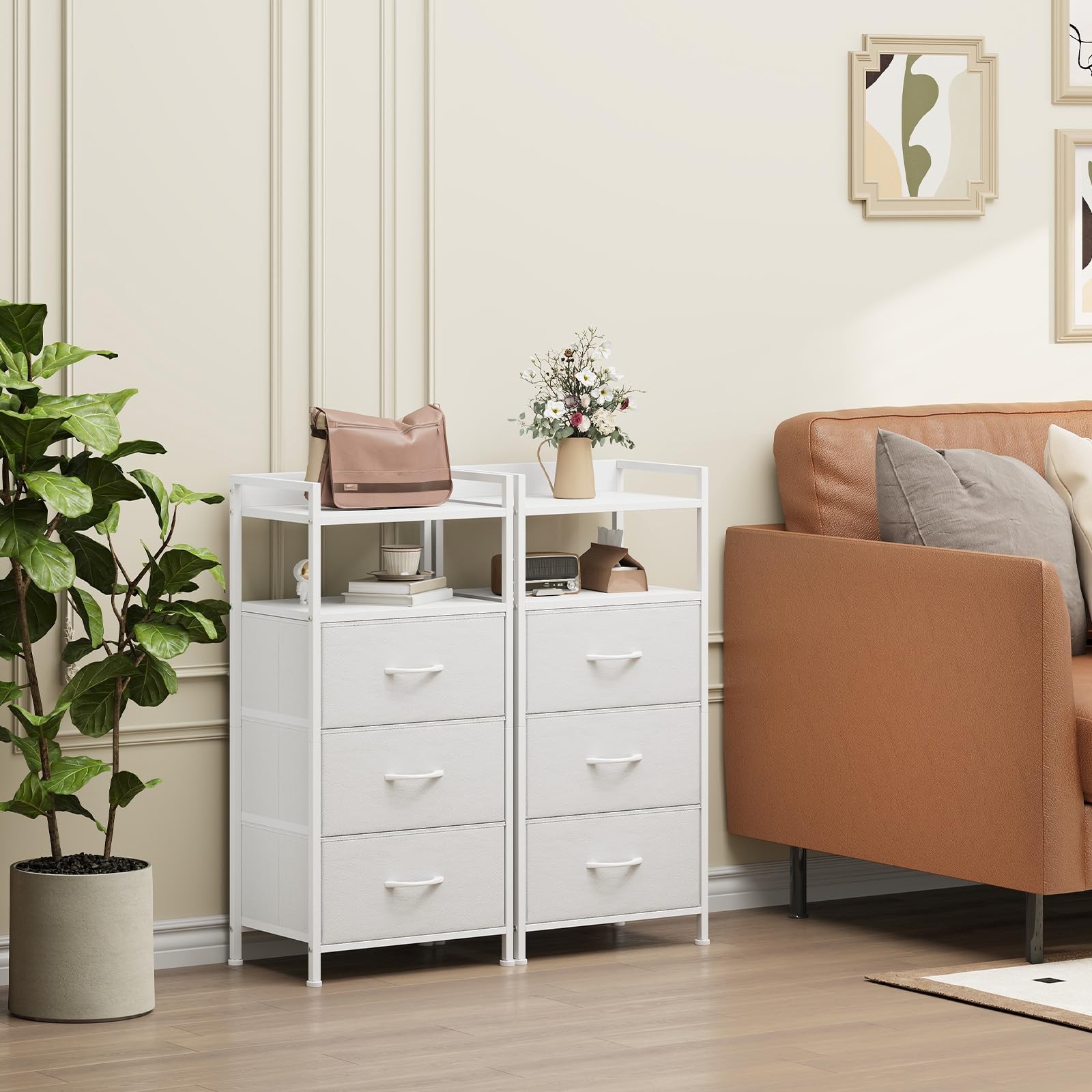 3-Drawer Nightstand with Fabric Bins, Wood Top Steel Frame, White