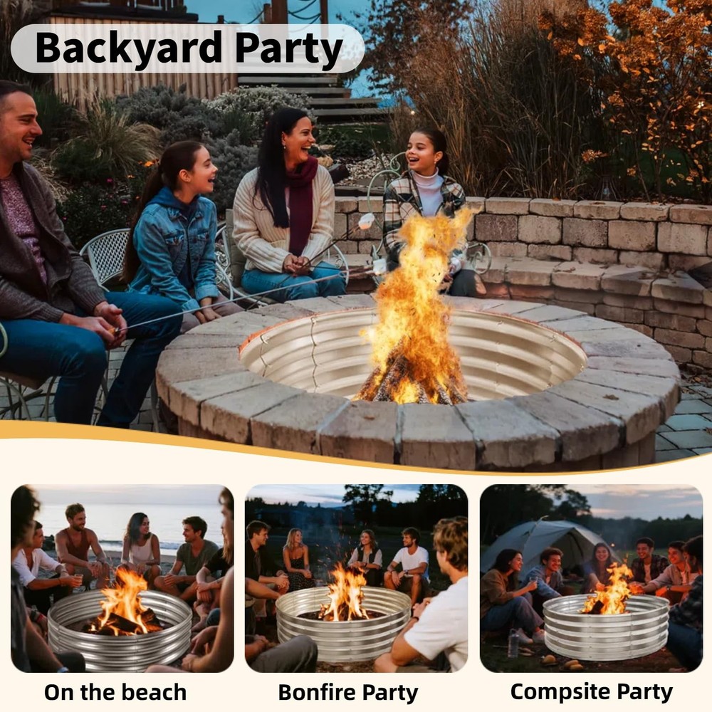 60 Inch Large Round Fire Pit Ring, Galvanized Steel Outdoor 5FT, Silver