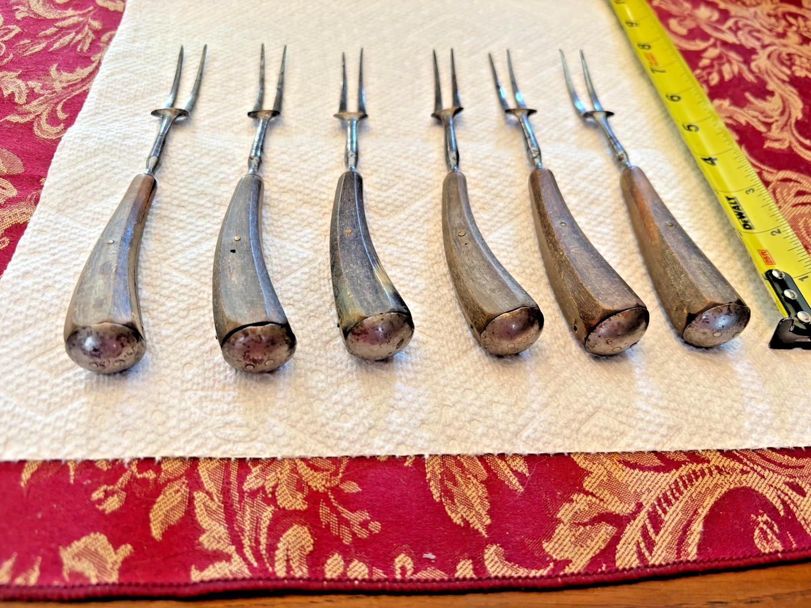 Original, 18th C. 6 piece set of 2 Prong Forks nice Horn Handles