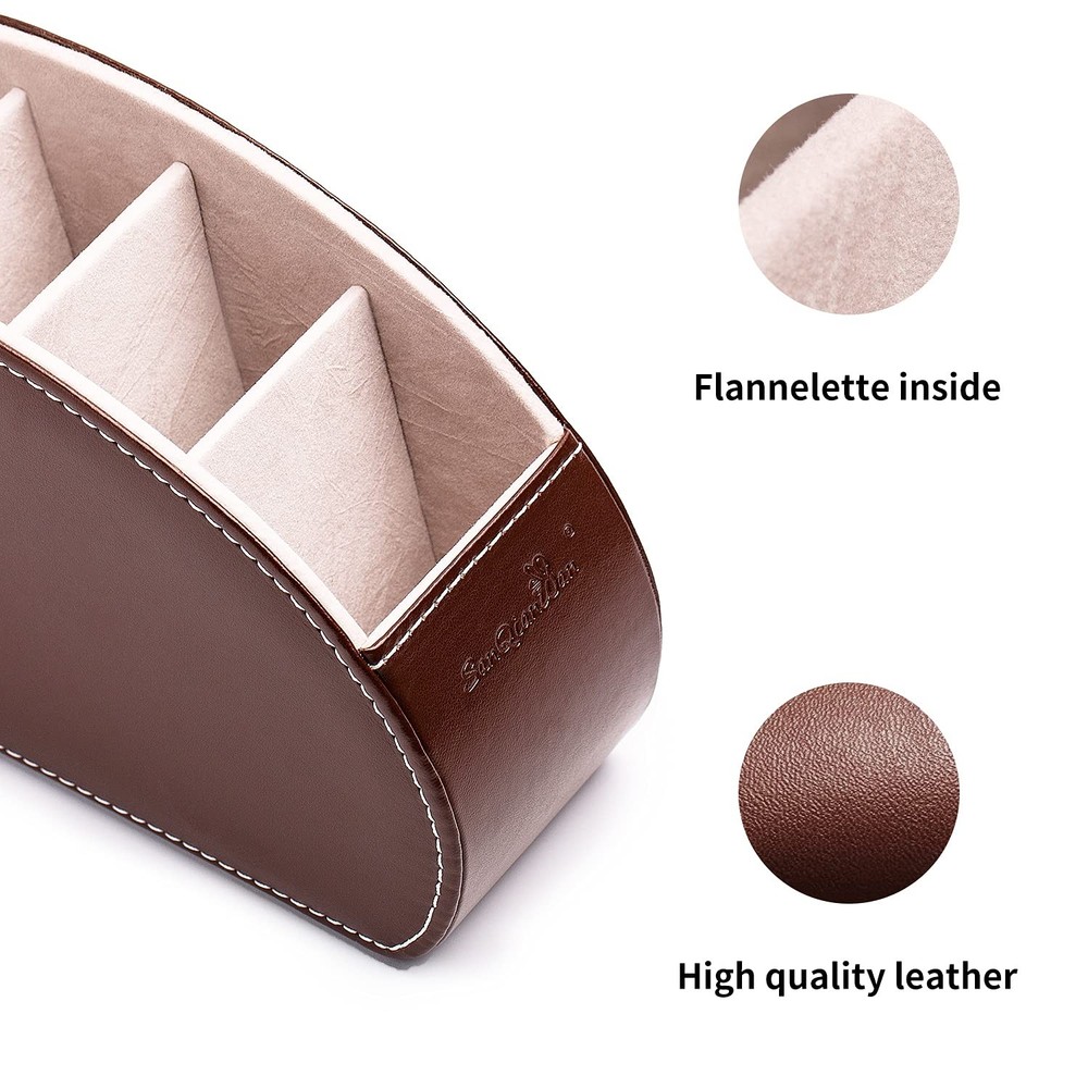 PU Leather Remote Control Holder Organizer Box with 5 Compartments Brown