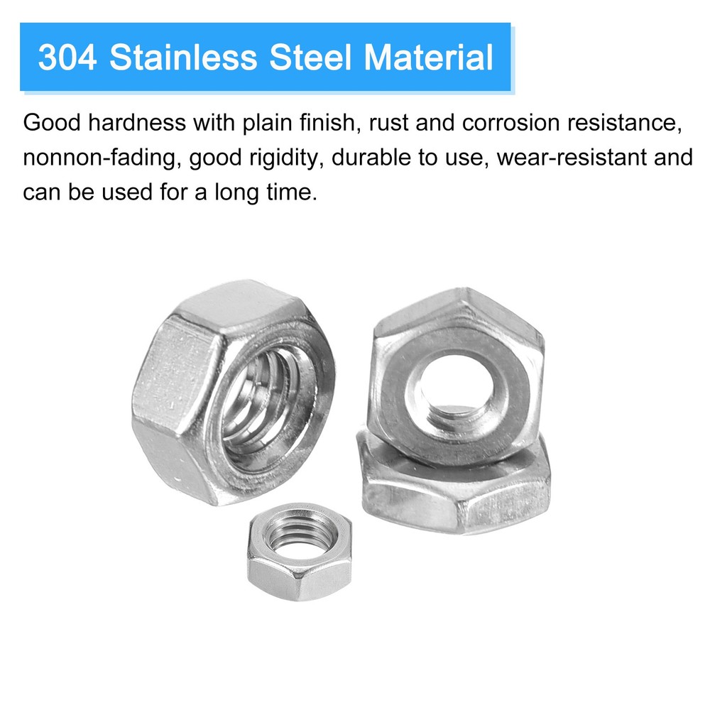 Hex Nuts (#10-24) 50Pcs 304 Steel Coarse Thread Nut Silver