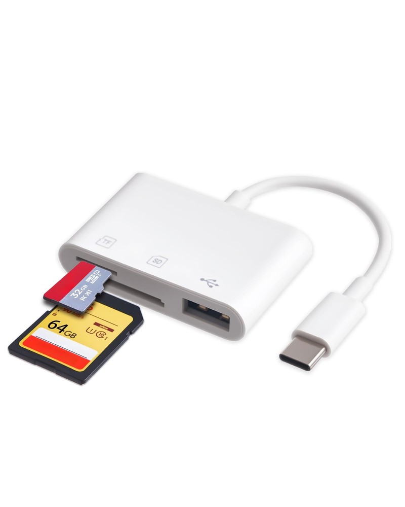 USBC Memory Card Reader 3-in-1 Plug & Play- Gardiva USB C SD white