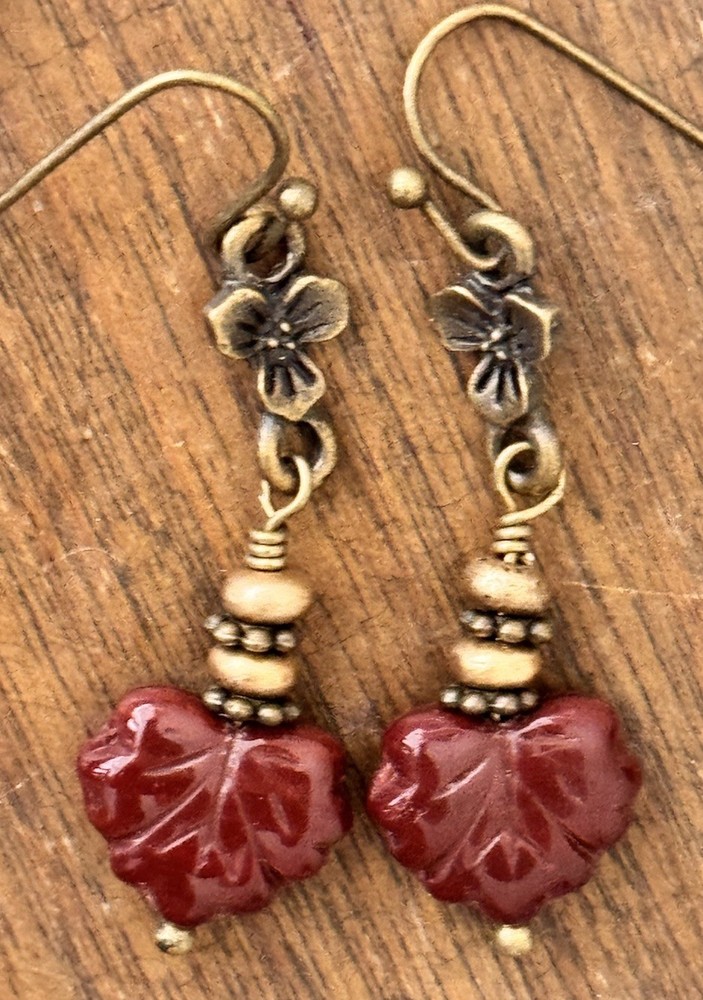 Bronze with Burnt Red Leaf Dangle Earrings. Fall. Nature.