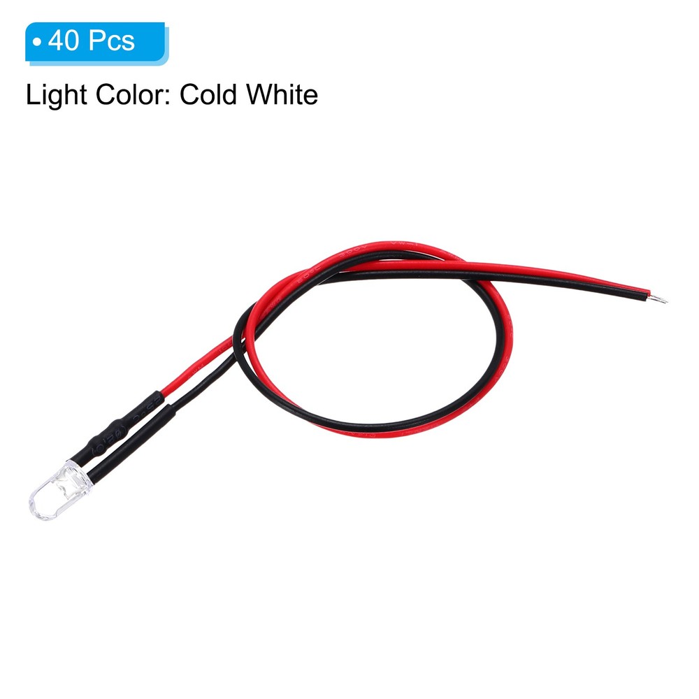 5mm LED Diode Light, 40 Pcs 9-12V DC, Cold White Light