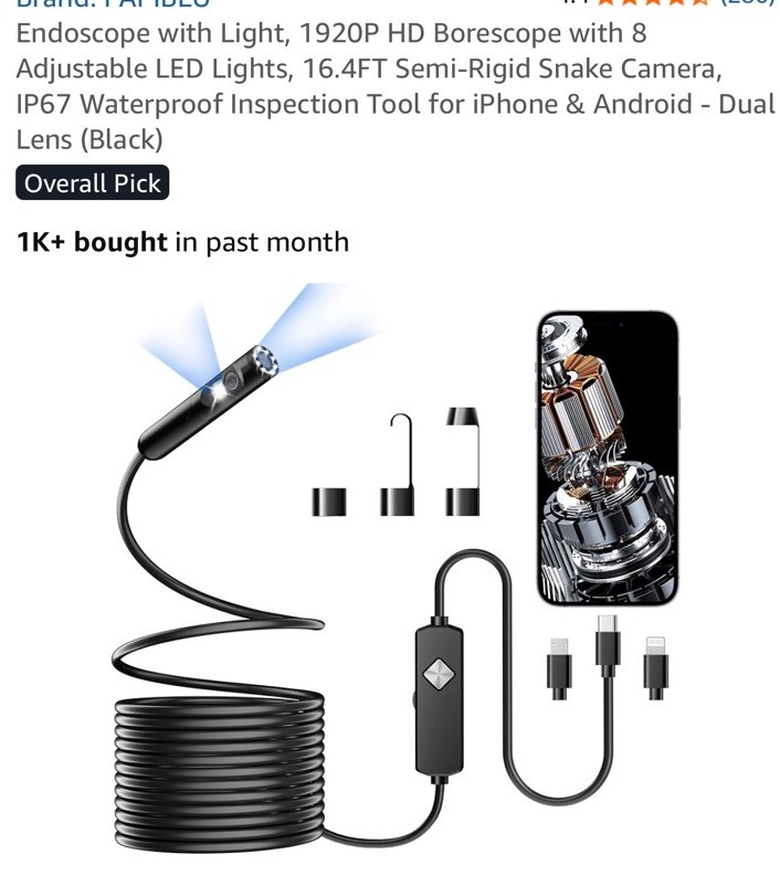 Endoscope & Light, 1920P HD Borescope with 8 Adjustable LED Lights, 16.4FT...