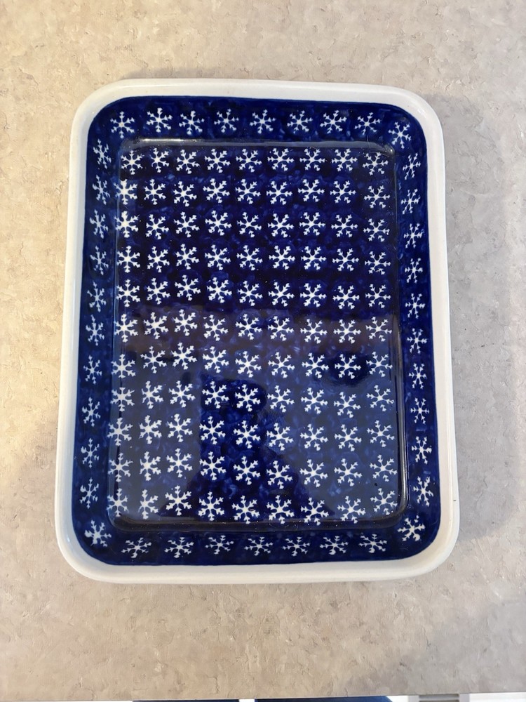 Blue White Snowflake Pattern Pottery Rectangle Casserole Dish 28cm x 20cm