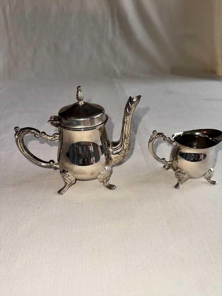 Vintage Silverplated Mini Teapot Creamer And Sugar Set Ornate Scroll Feet And Fi