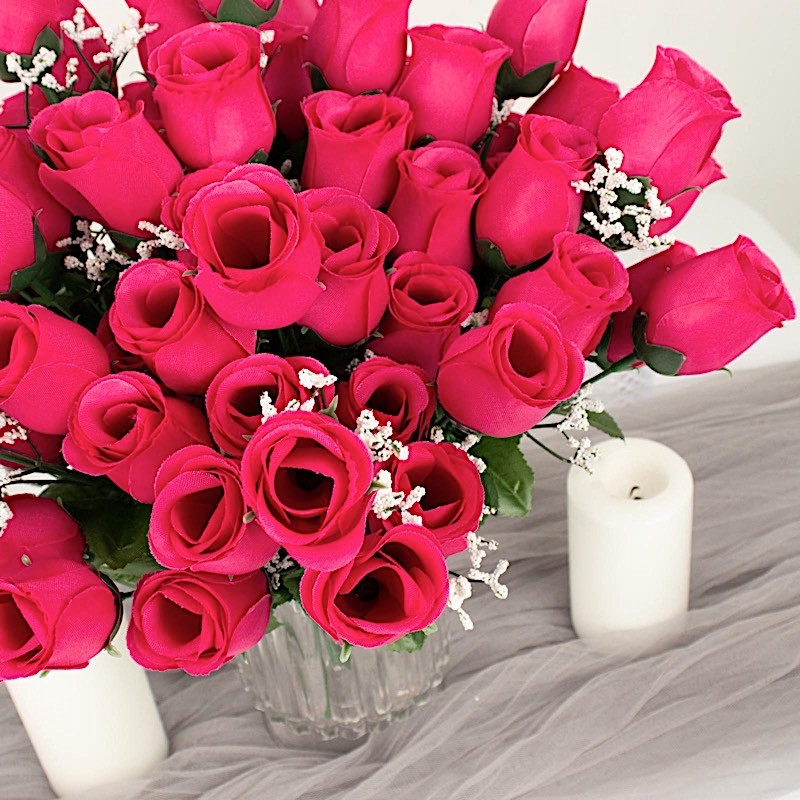 84 Fuchsia SILK ROSE BUDS Wedding Party Flowers Bouquets Decorations