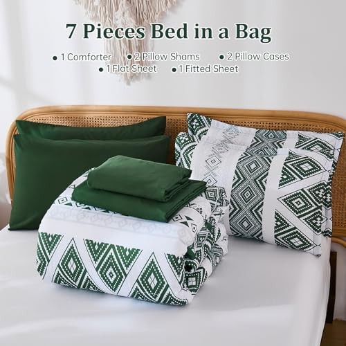Green Comforter Set Size 7 Pieces,Boho Aztec Comforter with King Dark Green