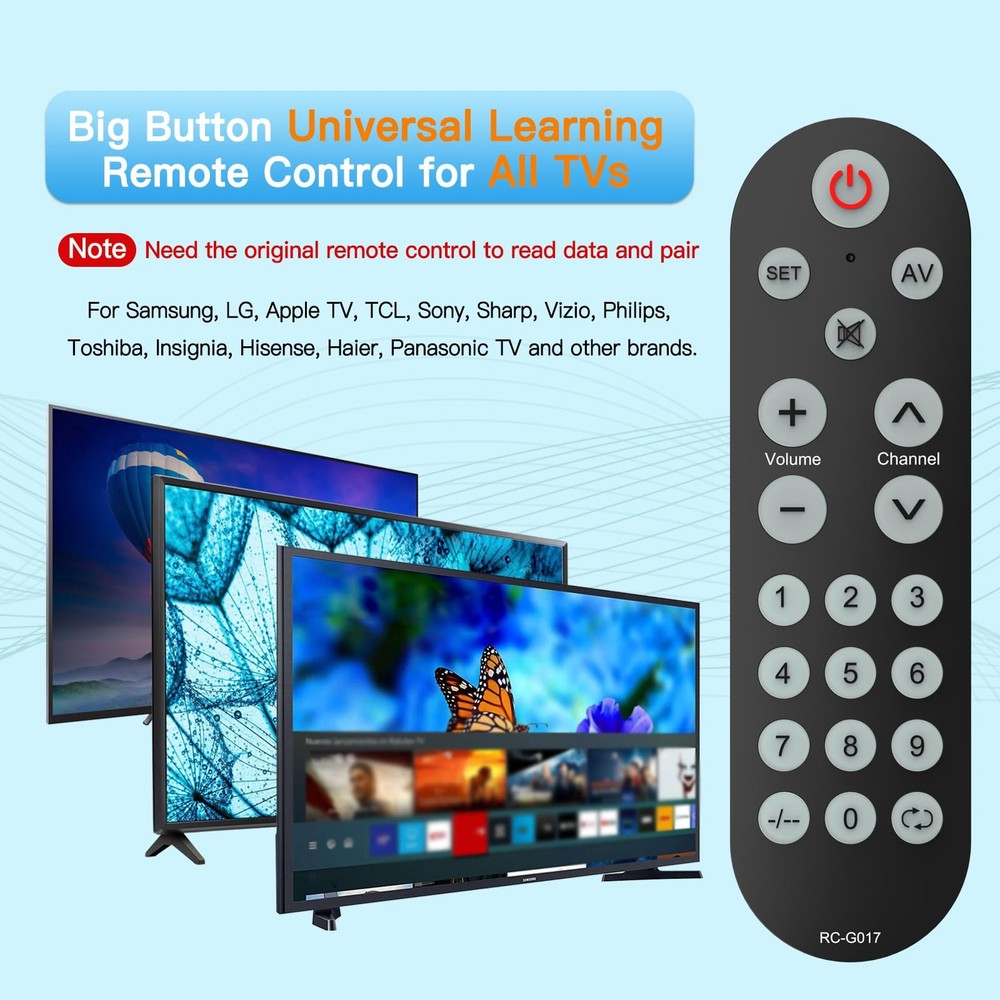 Backlit Big Button Universal Remote Control for Most of G017, Black