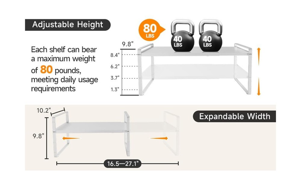 16.5~27.1" Expandable Shelf Organizer, 1Pack 10.2" Wide Stackable C... Fast Ship