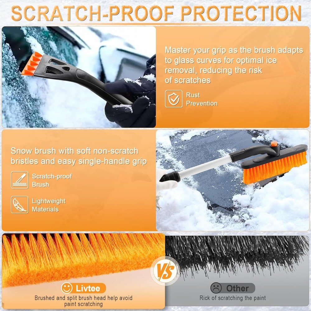 32" Extendable Ice Scraper & Snow Brush for Car Windshield, 360° Rotating Sno...