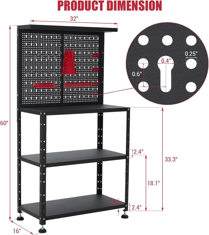 Garage Workbench with Pegboard 32" Adjustable Workshop Tool Organizer Work Table