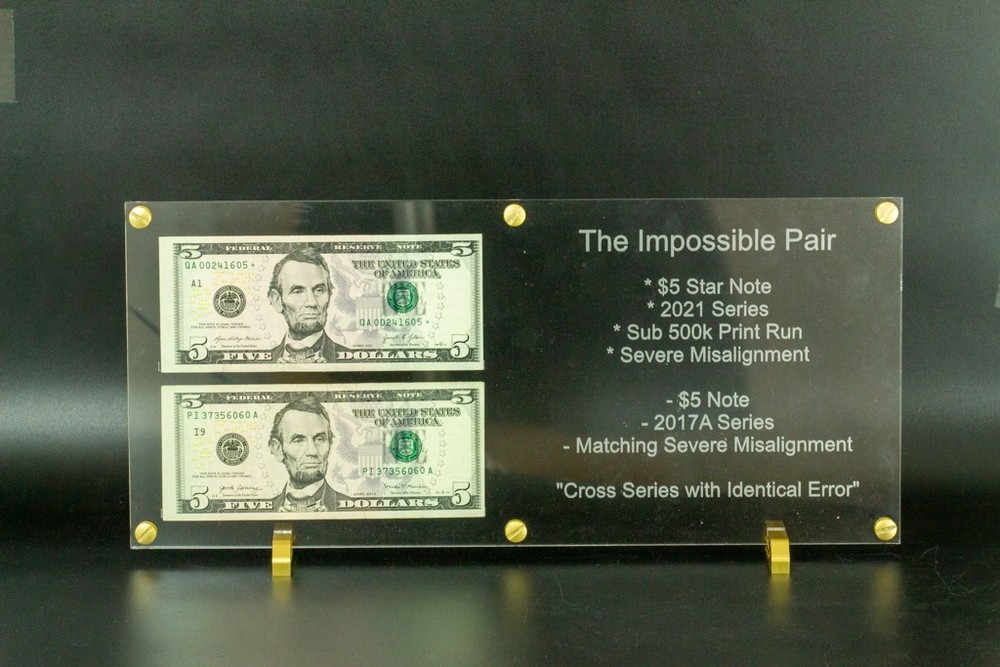 RARE $5 Error Pair – 2017A + 2021 * Low Run Star Note – Matching Misaligned