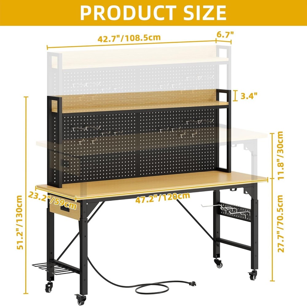 Adjustable Height Workbench 48in Pegboard 1600lb