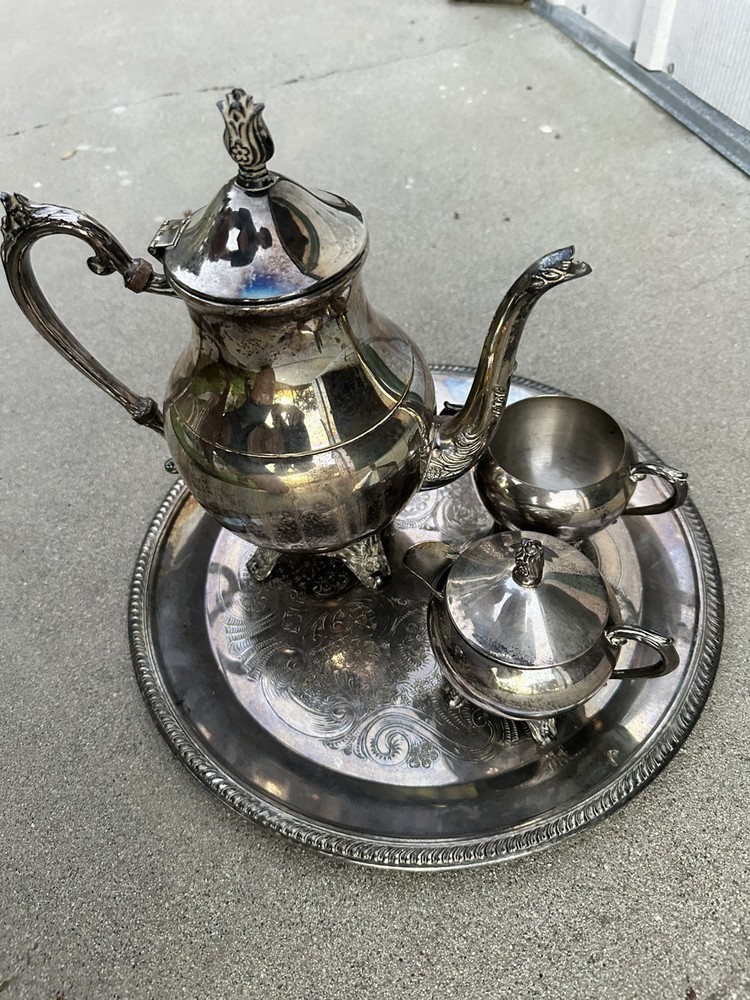 Vintage  F.B. Rogers Silver Co 1883 Silver on Copper 2361 Teapot Set Footed Tray