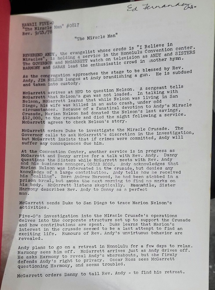 HAWAII FIVE FINAL DRAFT FULL SCRIPT (9/7/78) "THE MIRACLE MAN" (#0807)