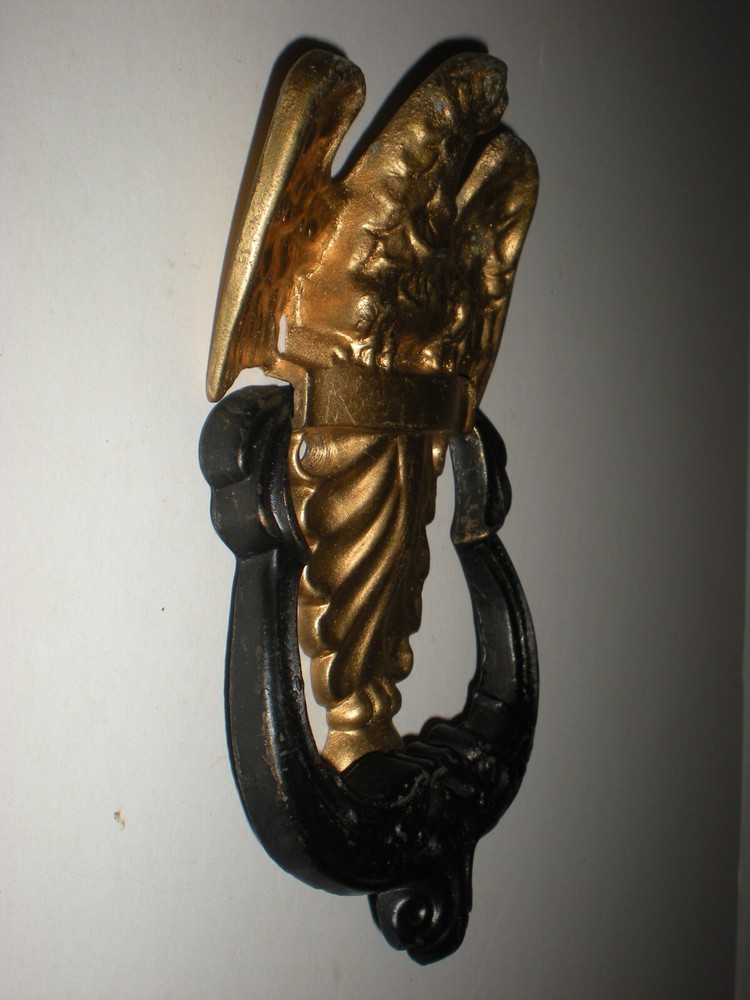 vtg Ornate Solid Thick Iron Bald Eagle Front Door Knocker Gold Black Very Large
