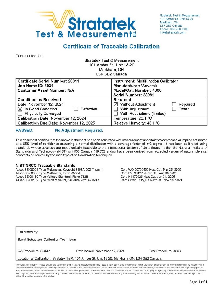 Wavetek 4808 Multifunction Calibrator 200V 2A DC NIST Calibrated Datron 230V