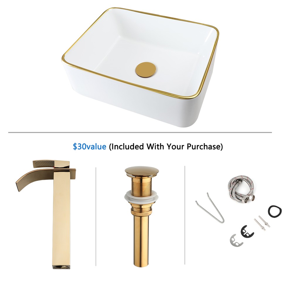 White&Gold Bathroom Sink Rectangular Ceramic Basin Mixer Waterfall Tap Set Drain