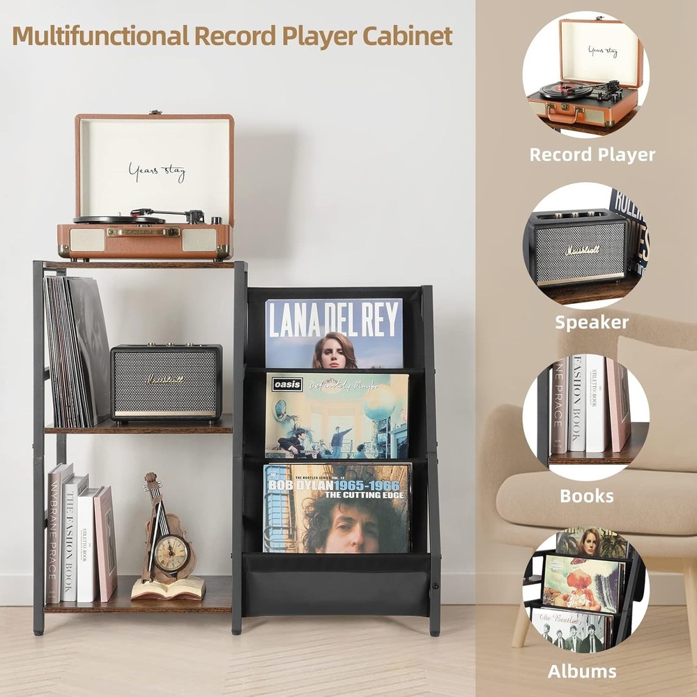 Record Player Stand, Turntable Stand with 3-Tier Vinyl Record Storage, Record...
