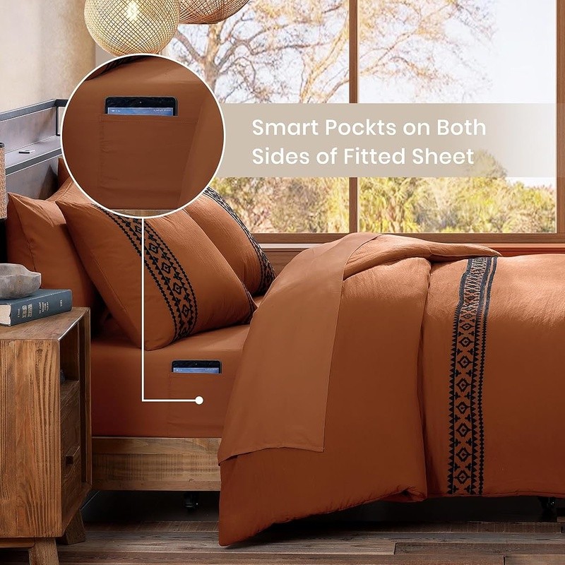 King Size 7 Piece Comforter Set Soft Polyester Boho Embroidery Farmhouse Bedding