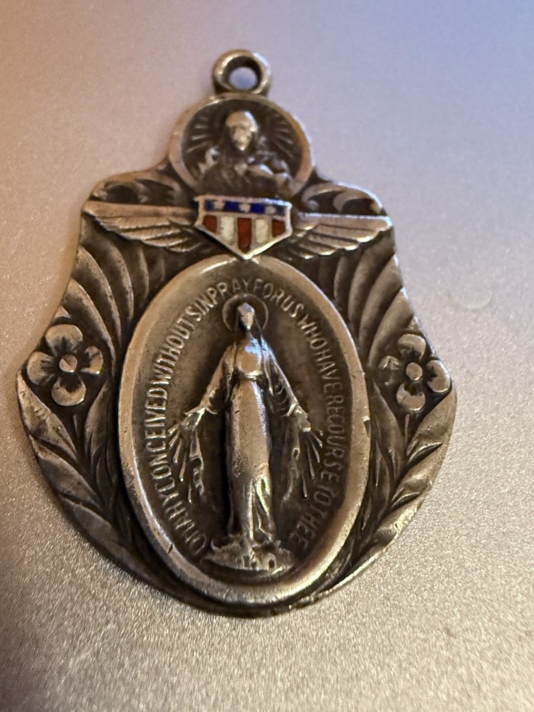 Vintage RARE WWII Military Angel Wings Sterling Pendant Miraculous Medal