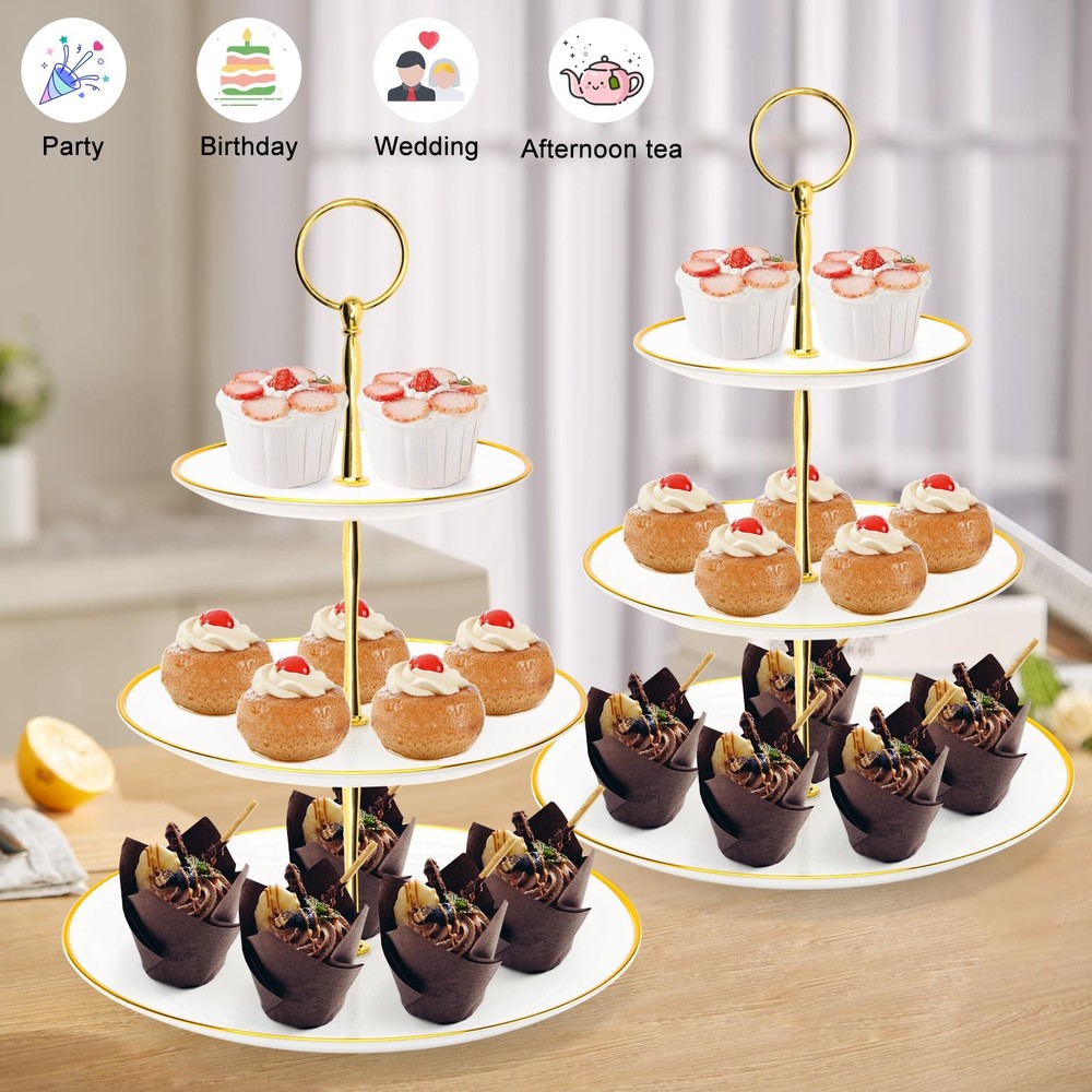 Round Cupcake Stand 3 Tier, Plastic Serving Tray, Shower, White Gold