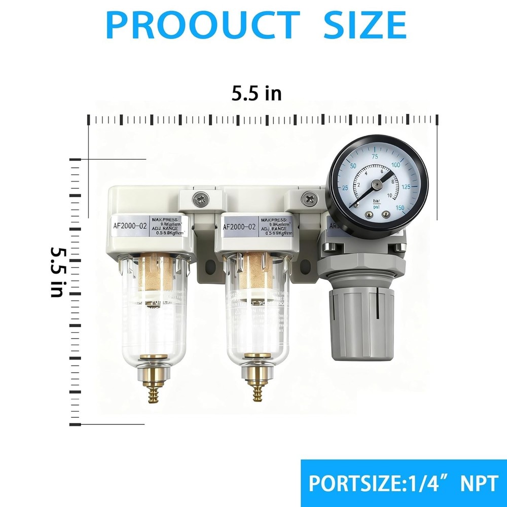 1/4" NPT Compressed Air Filter Regulator Lubricator Combo-Double,Semi-Auto Drain
