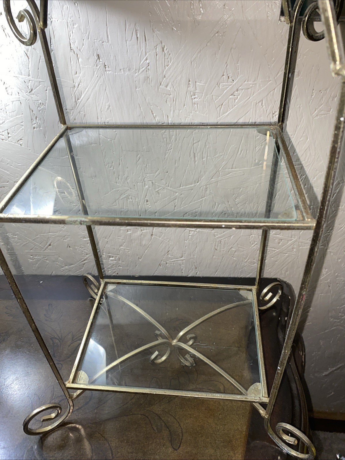 Vintage Two Tiered Shelf Brass Metal Frame With Two Glass Shelves Free Standing