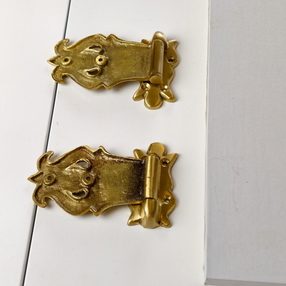 2 x Vintage Solid Brass Ice Box Hinges 4" Offset 3/8 Heavy Cast Antique Style
