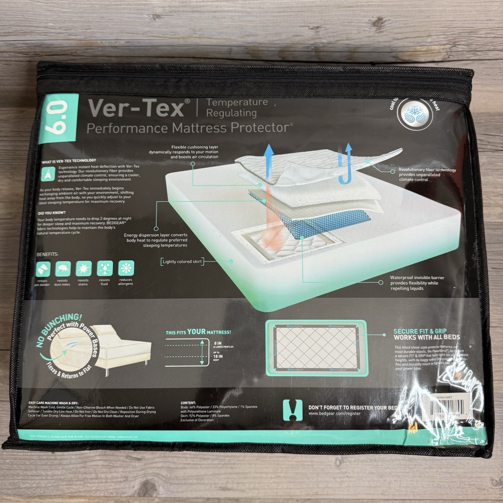 Bedgear Ver-Tex 6.0 Split King Performance Mattress Protector Cool Touch
