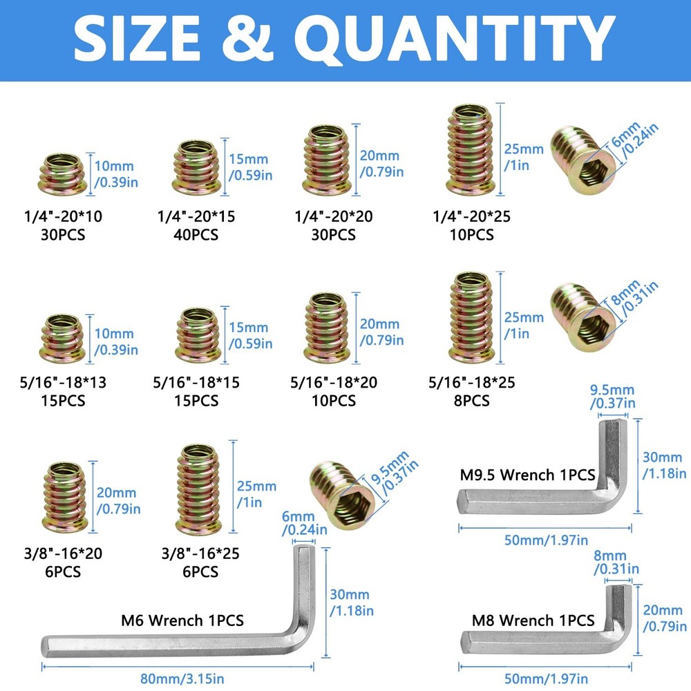 340PCS Threaded Inserts Nuts, Wood Assortment Kit, 340 PCS, Silver