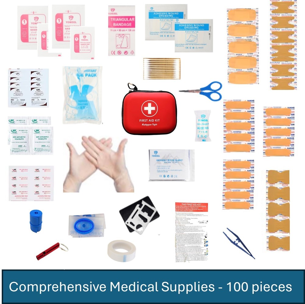 All-in-One Compact First Aid Kit with Waterproof Hard Shell Case - 100 pieces