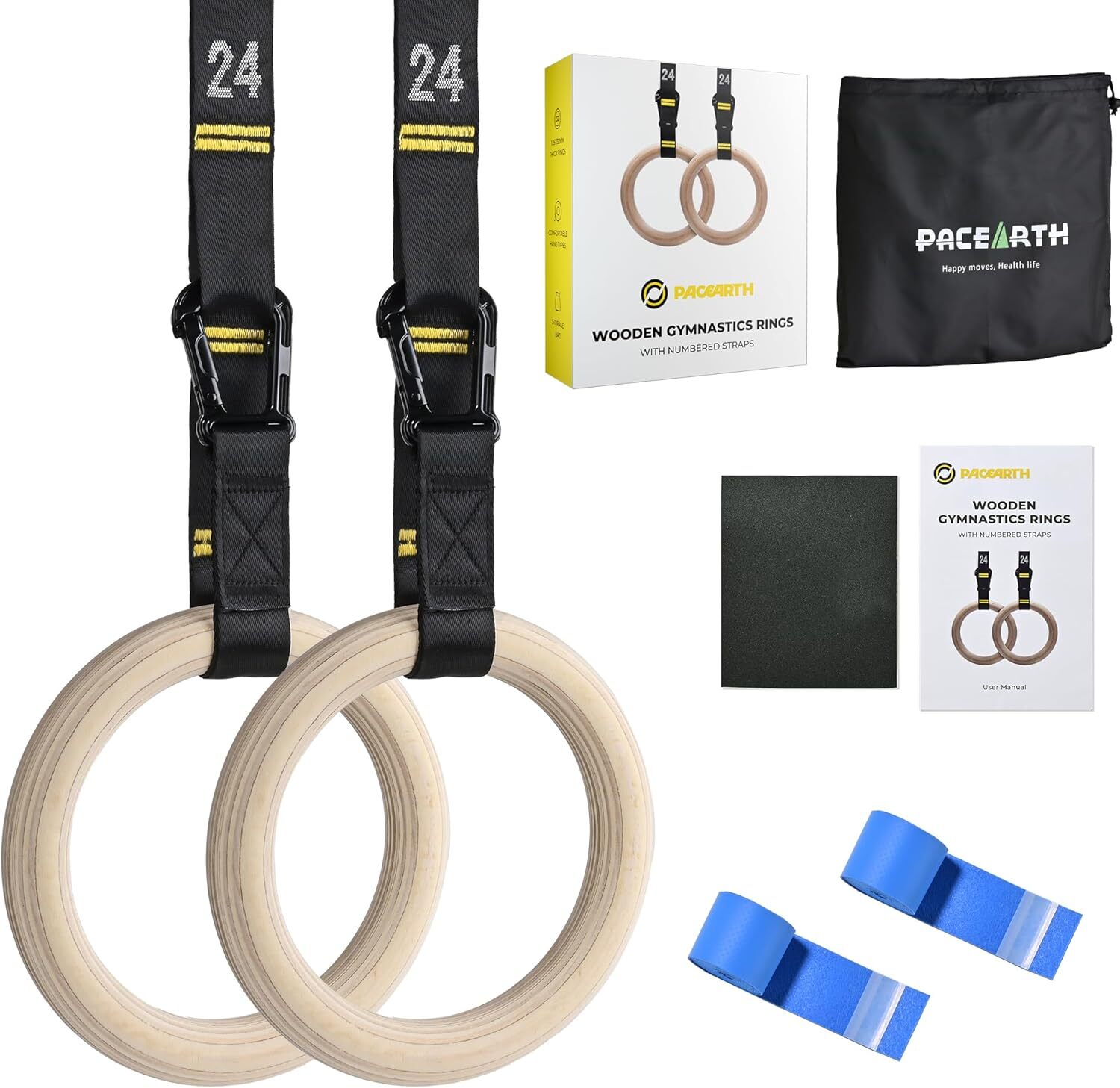 Gymnastics Rings Wooden Olympic Rings 1500/1000lbs with Adjustable Cam Buckle