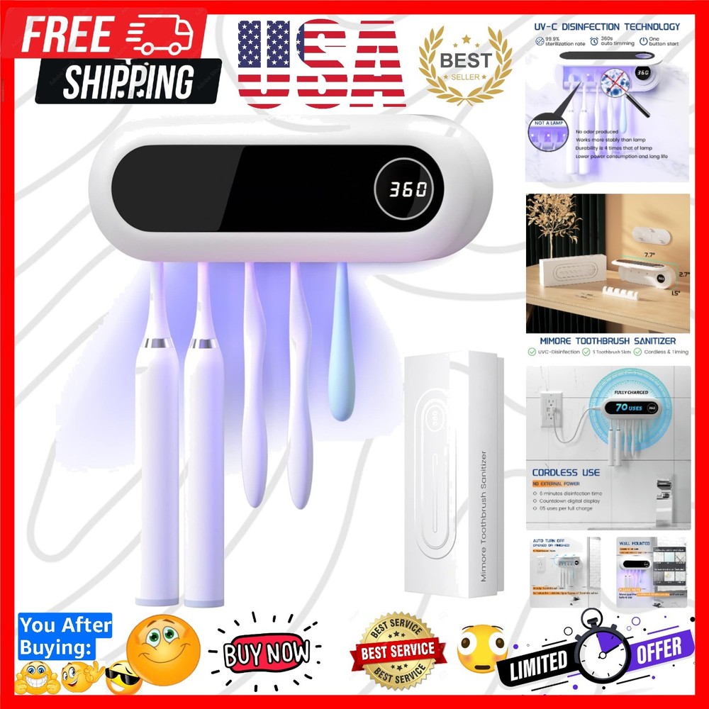 Toothbrush Holder, 5 Toothbrush Slots & Timer Function, Cordless Wall Mounted...